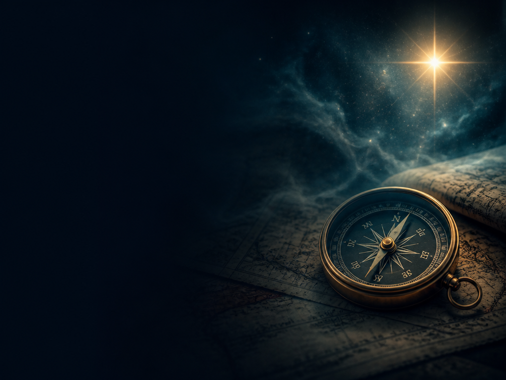 A compass glowing beneath a guiding star, symbolizing direction and clarity during career transitions.